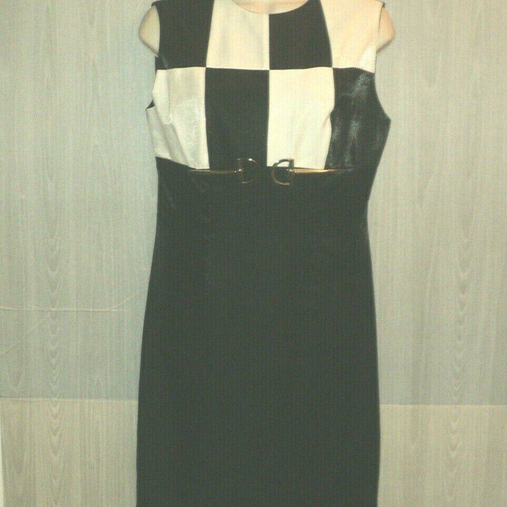 CACHE Dress Size 8 Color Block Black & White Sleeveless Sheath Above Knees NEW